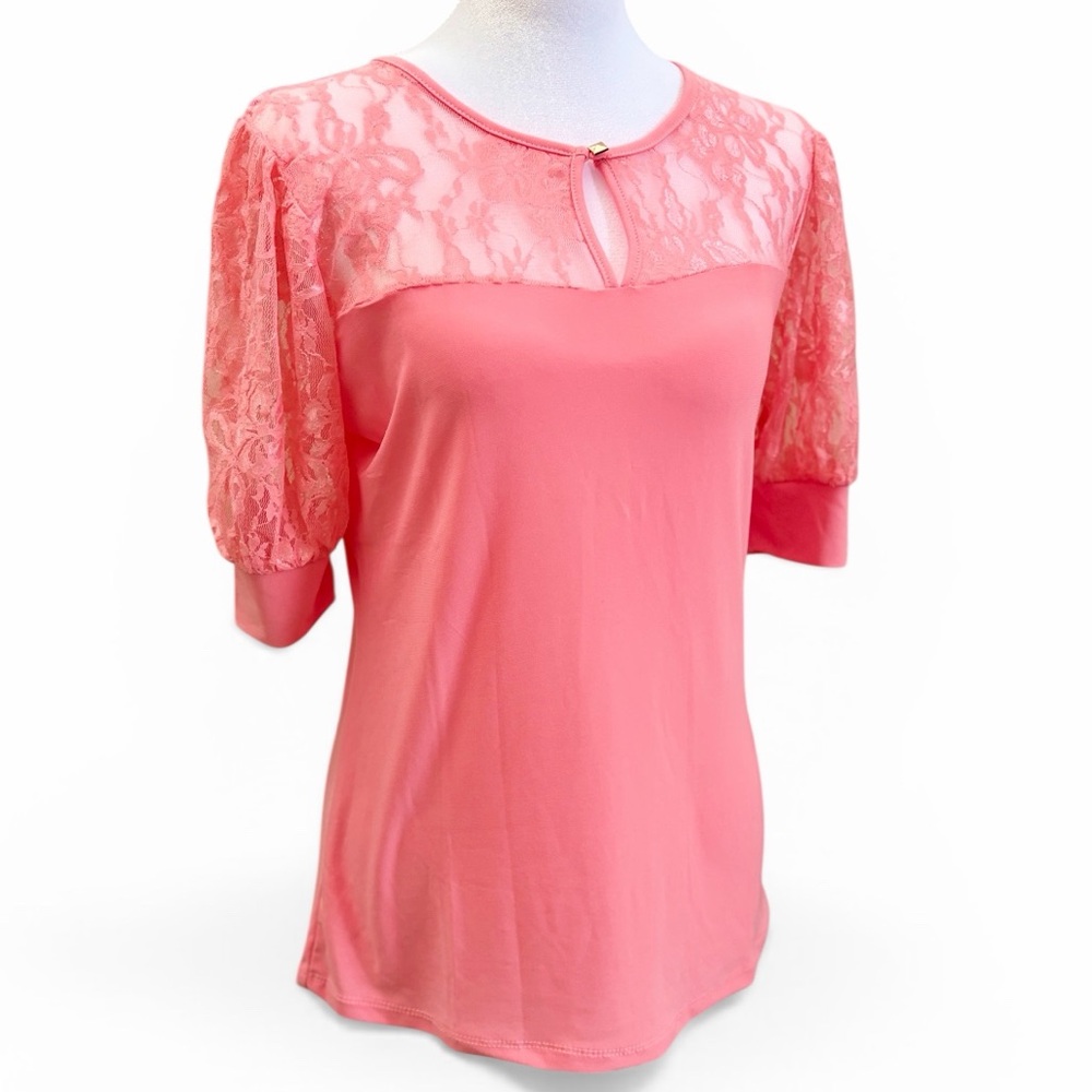 NWT NY Collection Lace Puff Sleeve Blouse Top Pink Romantic Petite Small PS - Picture 2 of 12